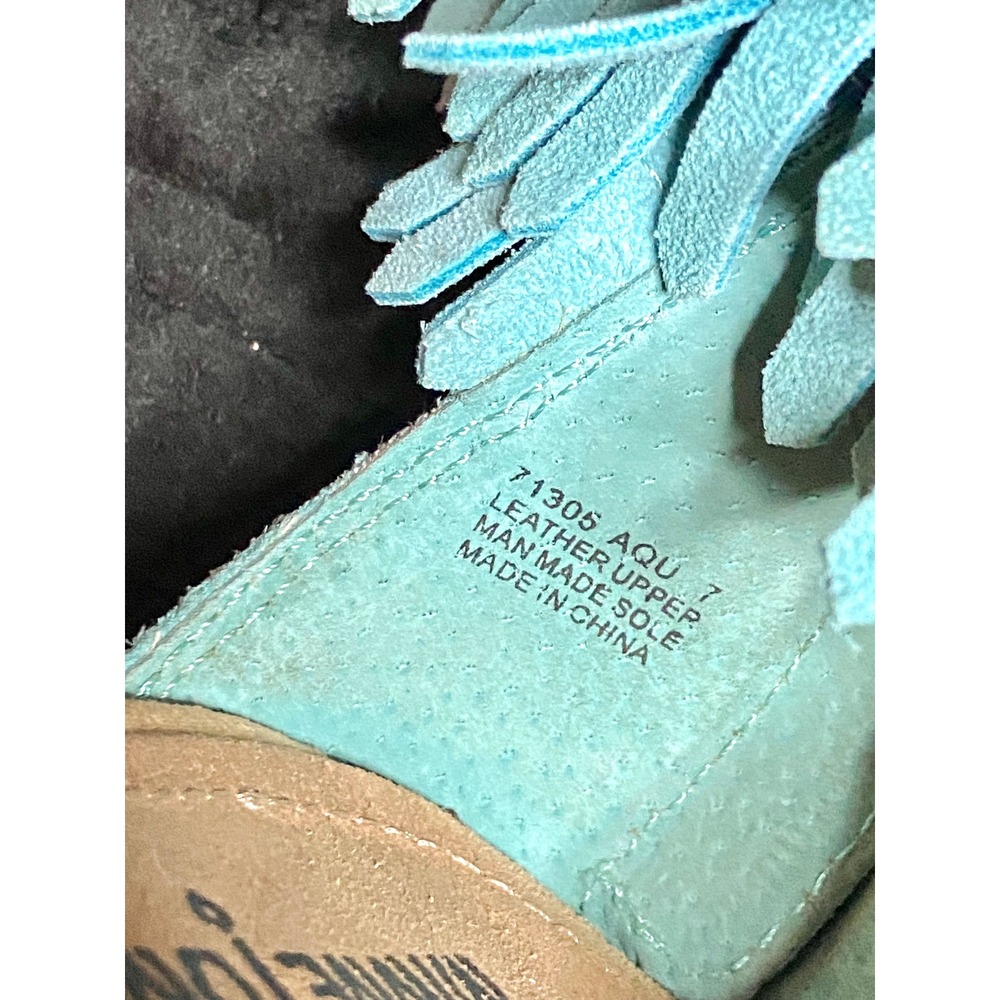 Minnetonka Aqua Blue Suede Fringe Boho Cork Wedge Sandals 71305 Sz 7 - Picture 5 of 6